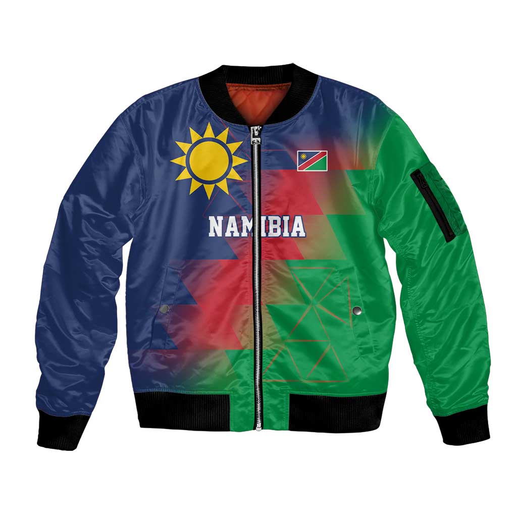 Namibia Cricket Custom Sleeve Zip Bomber Jacket Namibian Gold Sun Flag Motif - Wonder Print Shop