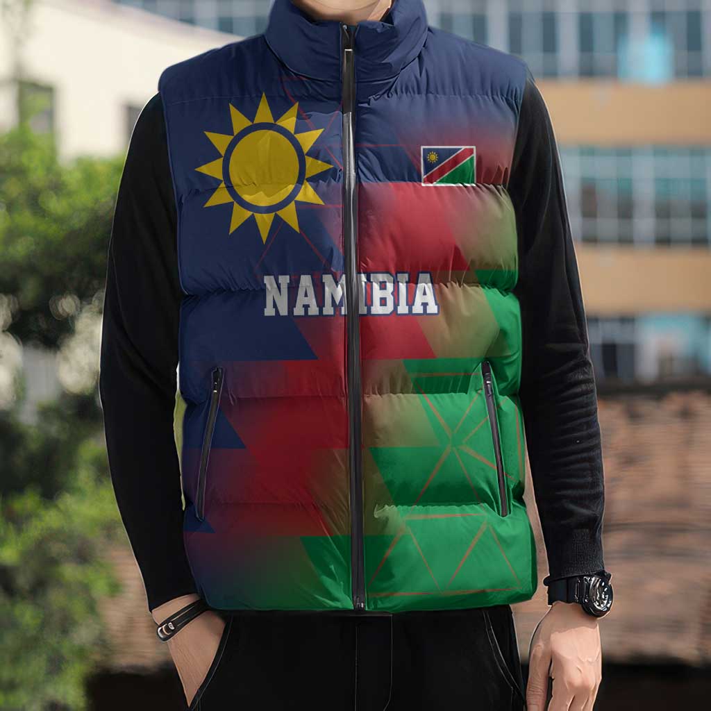 Namibia Cricket Custom Sleeveless Puffer Jacket Namibian Gold Sun Flag Motif - Wonder Print Shop