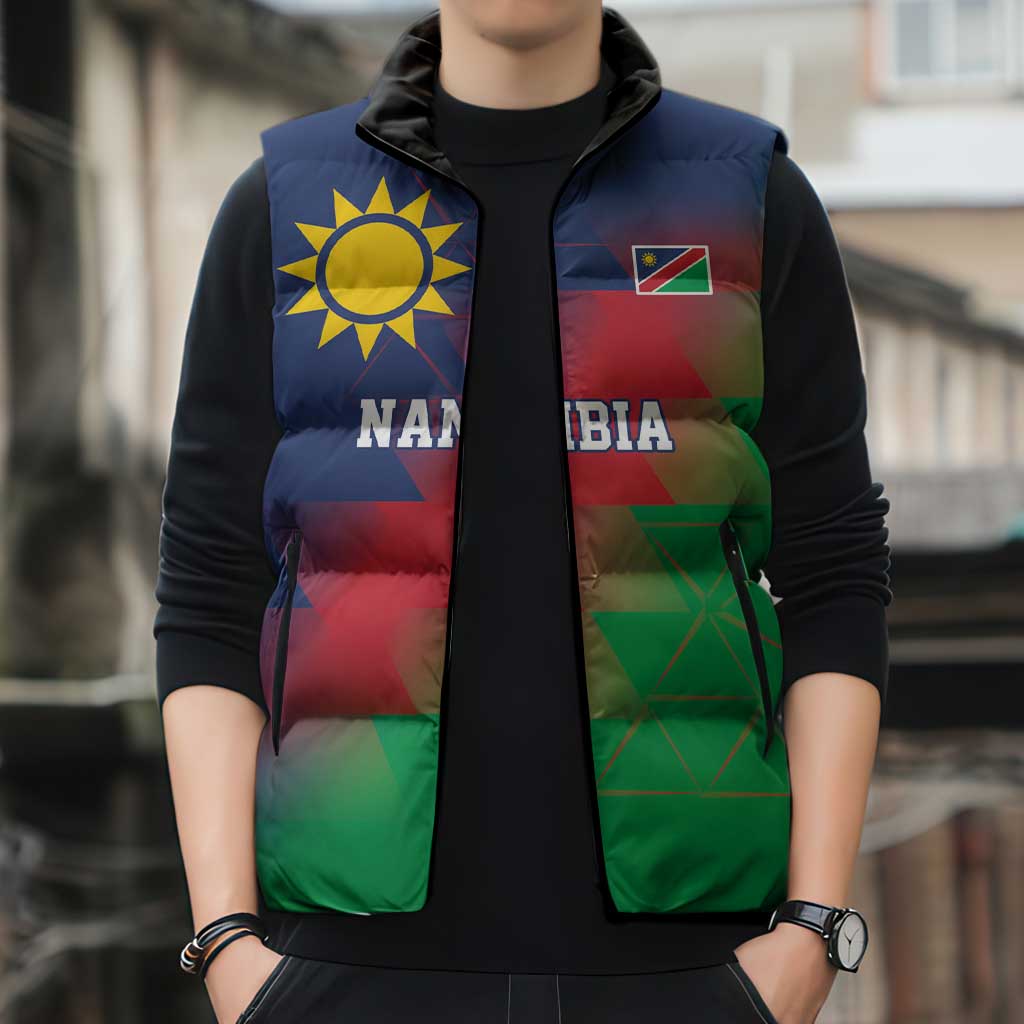 Namibia Cricket Custom Sleeveless Puffer Jacket Namibian Gold Sun Flag Motif - Wonder Print Shop
