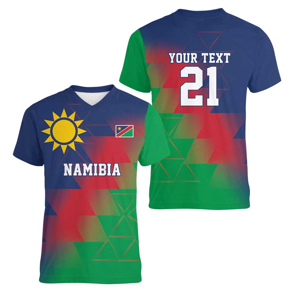 Namibia Cricket Custom Women V-Neck T-Shirt Namibian Gold Sun Flag Motif - Wonder Print Shop