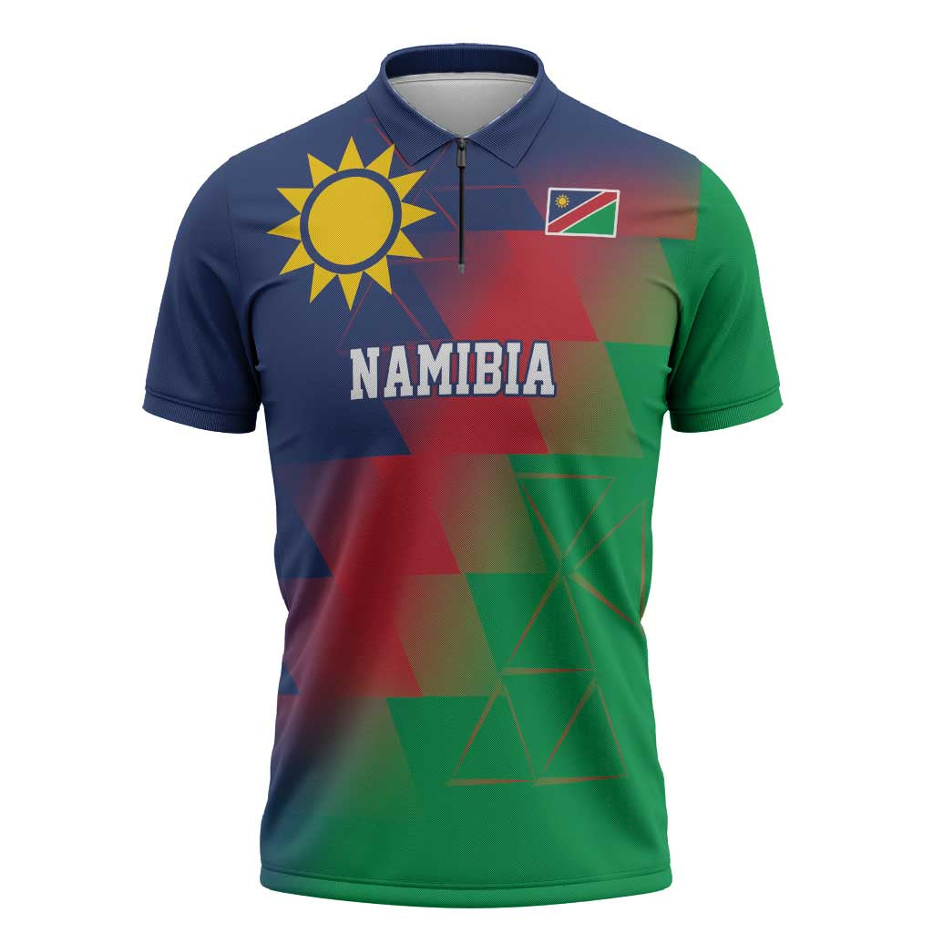 Namibia Cricket Custom Zipper Polo Shirt Namibian Gold Sun Flag Motif - Wonder Print Shop