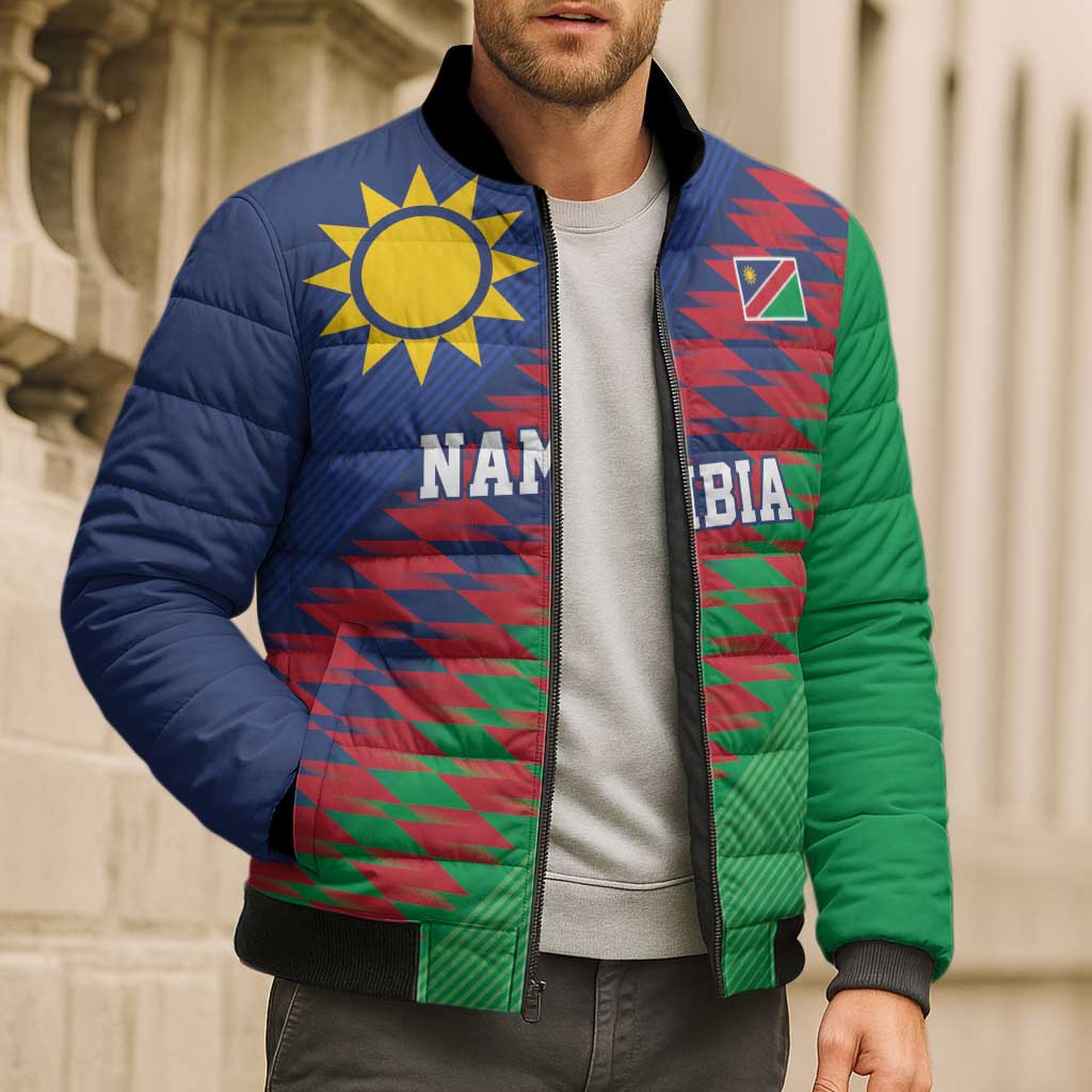 Namibia Cricket Custom Bomber Puffer Jacket Namibian Sporty Pattern Flag Motif - Wonder Print Shop
