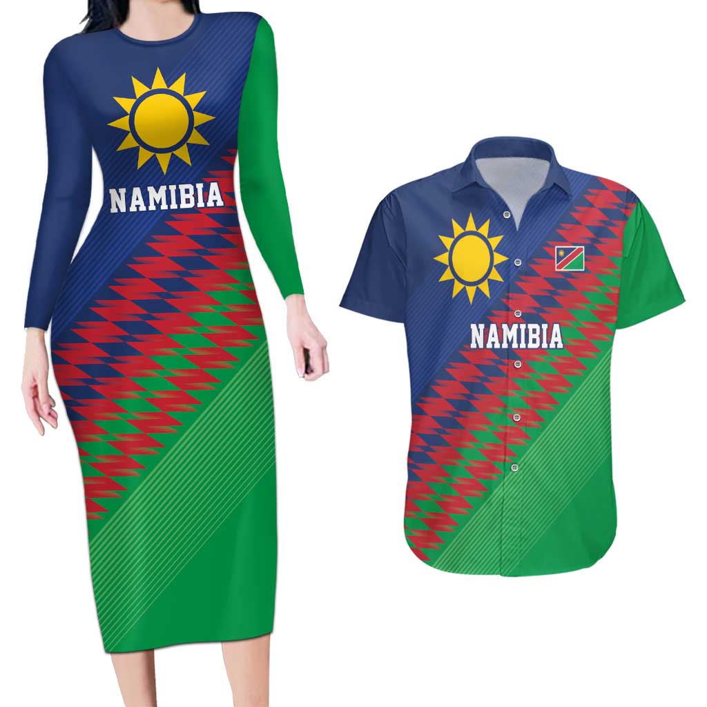Namibia Cricket Custom Couples Matching Long Sleeve Bodycon Dress and Hawaiian Shirt Namibian Sporty Pattern Flag Motif - Wonder Print Shop