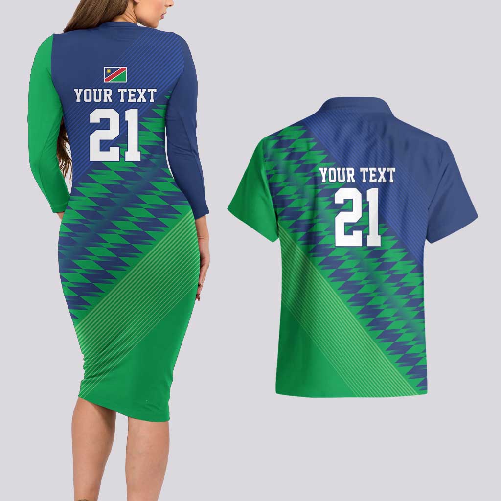 Namibia Cricket Custom Couples Matching Long Sleeve Bodycon Dress and Hawaiian Shirt Namibian Sporty Pattern Flag Motif - Wonder Print Shop