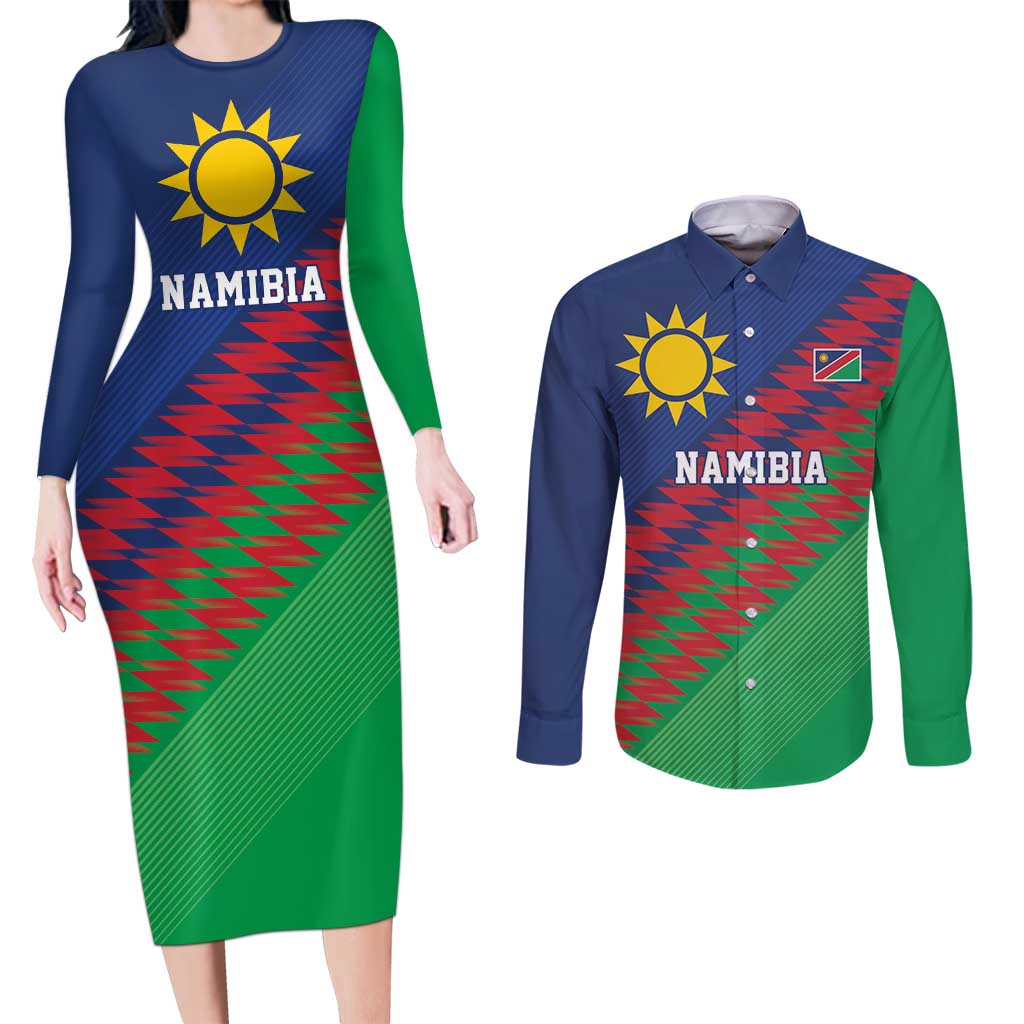 Namibia Cricket Custom Couples Matching Long Sleeve Bodycon Dress and Long Sleeve Button Shirt Namibian Sporty Pattern Flag Motif - Wonder Print Shop