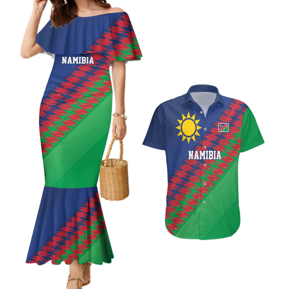 Namibia Cricket Custom Couples Matching Mermaid Dress and Hawaiian Shirt Namibian Sporty Pattern Flag Motif - Wonder Print Shop