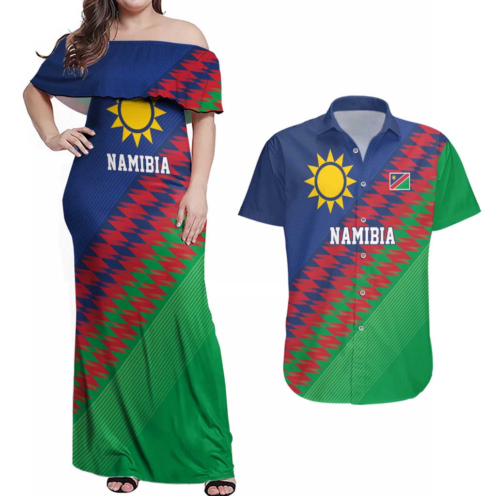 Namibia Cricket Custom Couples Matching Off Shoulder Maxi Dress and Hawaiian Shirt Namibian Sporty Pattern Flag Motif - Wonder Print Shop