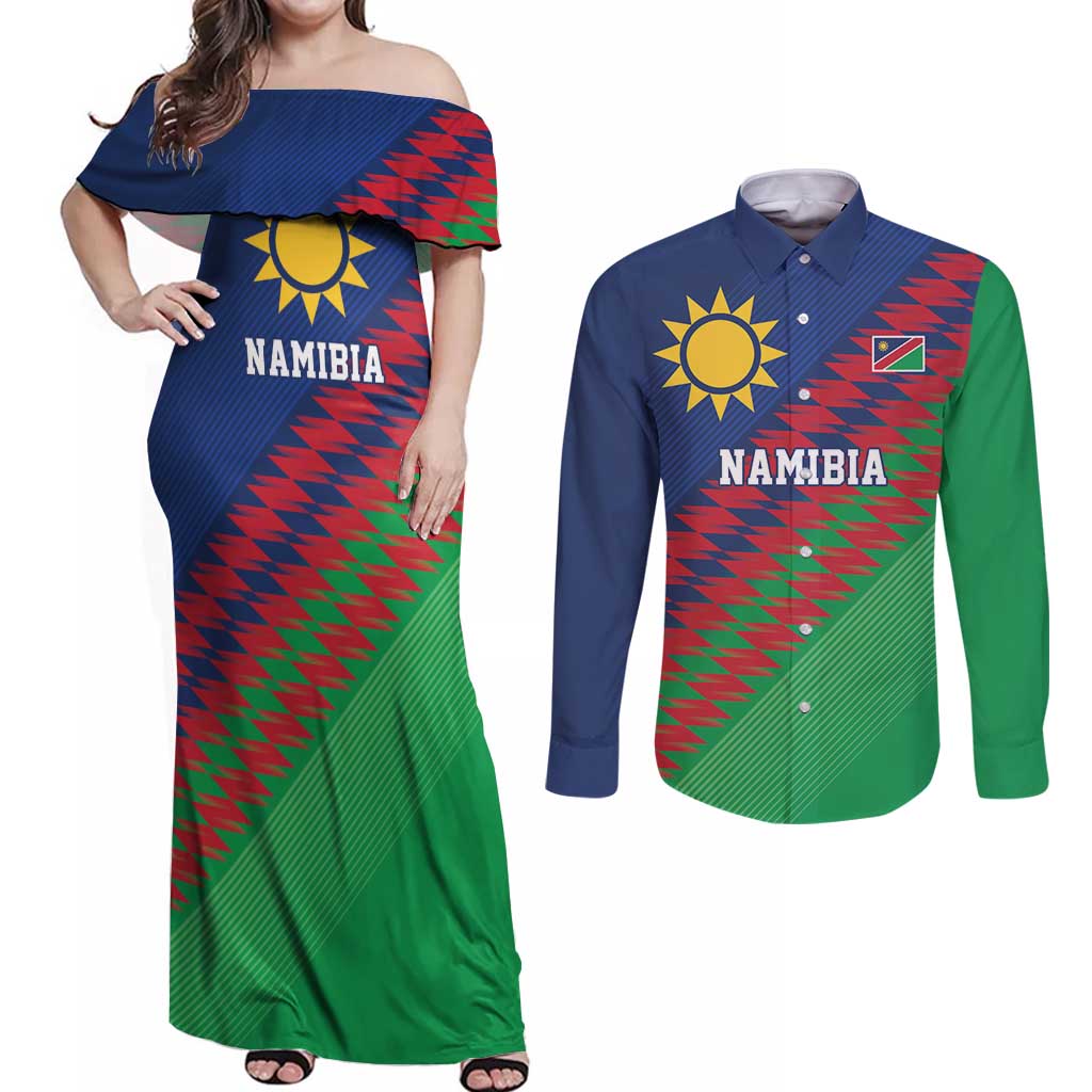 Namibia Cricket Custom Couples Matching Off Shoulder Maxi Dress and Long Sleeve Button Shirt Namibian Sporty Pattern Flag Motif - Wonder Print Shop