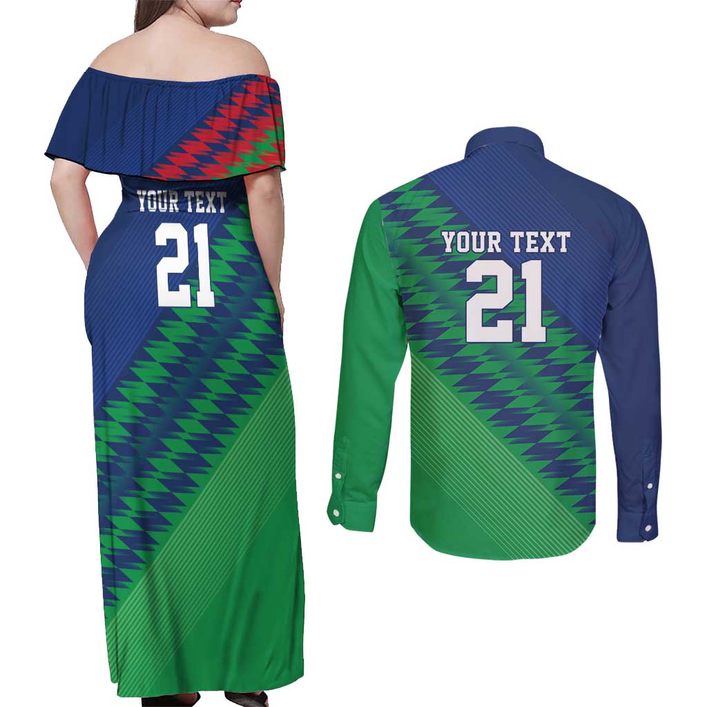 Namibia Cricket Custom Couples Matching Off Shoulder Maxi Dress and Long Sleeve Button Shirt Namibian Sporty Pattern Flag Motif - Wonder Print Shop
