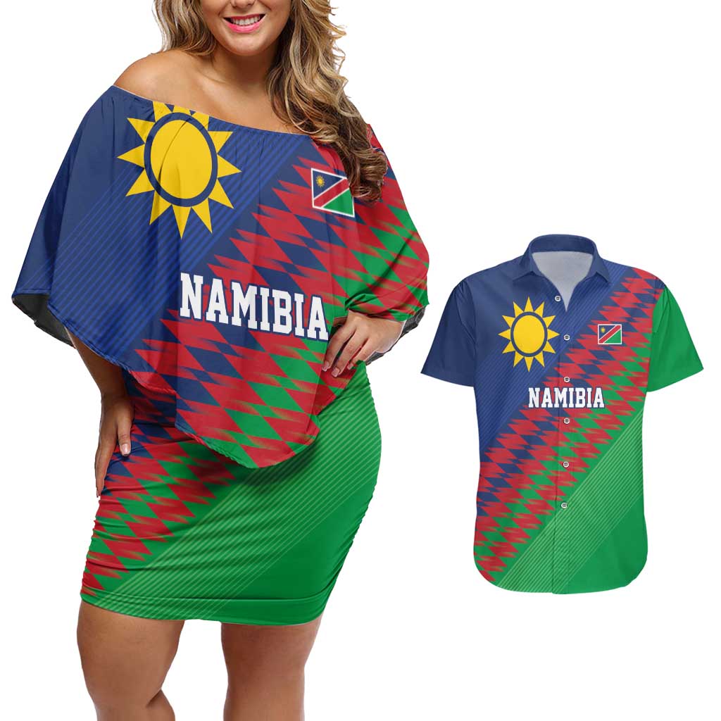 Namibia Cricket Custom Couples Matching Off Shoulder Short Dress and Hawaiian Shirt Namibian Sporty Pattern Flag Motif - Wonder Print Shop