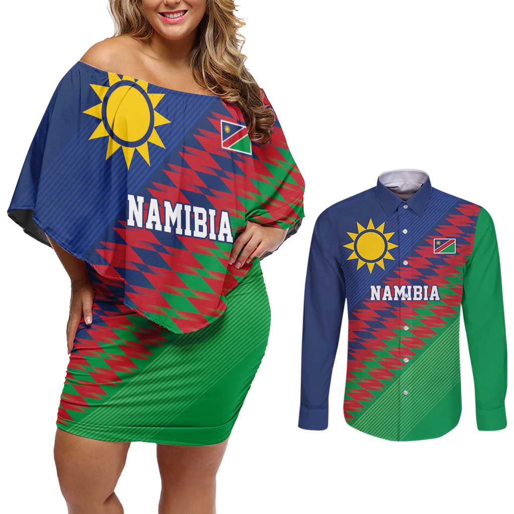 Namibia Cricket Custom Couples Matching Off Shoulder Short Dress and Long Sleeve Button Shirt Namibian Sporty Pattern Flag Motif - Wonder Print Shop
