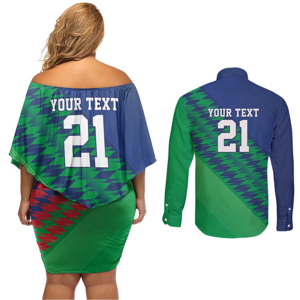 Namibia Cricket Custom Couples Matching Off Shoulder Short Dress and Long Sleeve Button Shirt Namibian Sporty Pattern Flag Motif - Wonder Print Shop