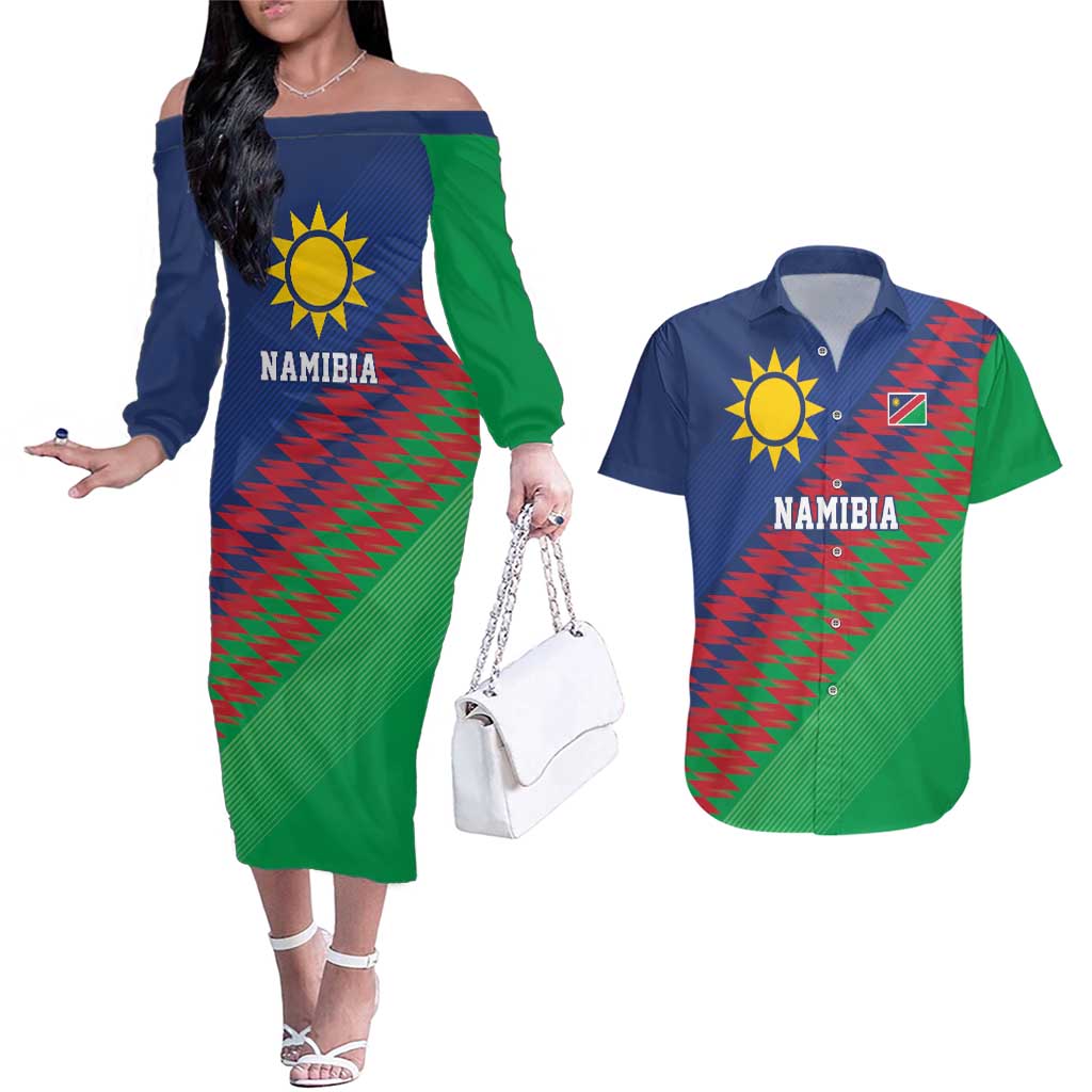 Namibia Cricket Custom Couples Matching Off The Shoulder Long Sleeve Dress and Hawaiian Shirt Namibian Sporty Pattern Flag Motif - Wonder Print Shop