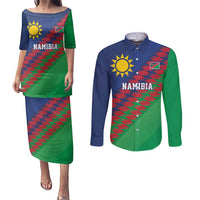 Namibia Cricket Custom Couples Matching Puletasi and Long Sleeve Button Shirt Namibian Sporty Pattern Flag Motif - Wonder Print Shop