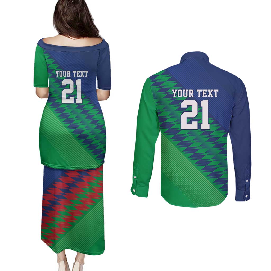 Namibia Cricket Custom Couples Matching Puletasi and Long Sleeve Button Shirt Namibian Sporty Pattern Flag Motif - Wonder Print Shop