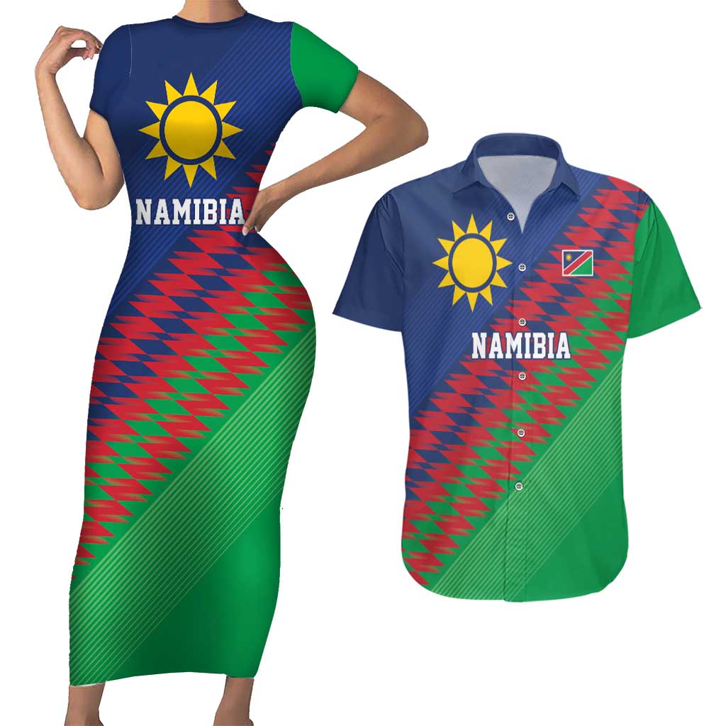 Namibia Cricket Custom Couples Matching Short Sleeve Bodycon Dress and Hawaiian Shirt Namibian Sporty Pattern Flag Motif - Wonder Print Shop
