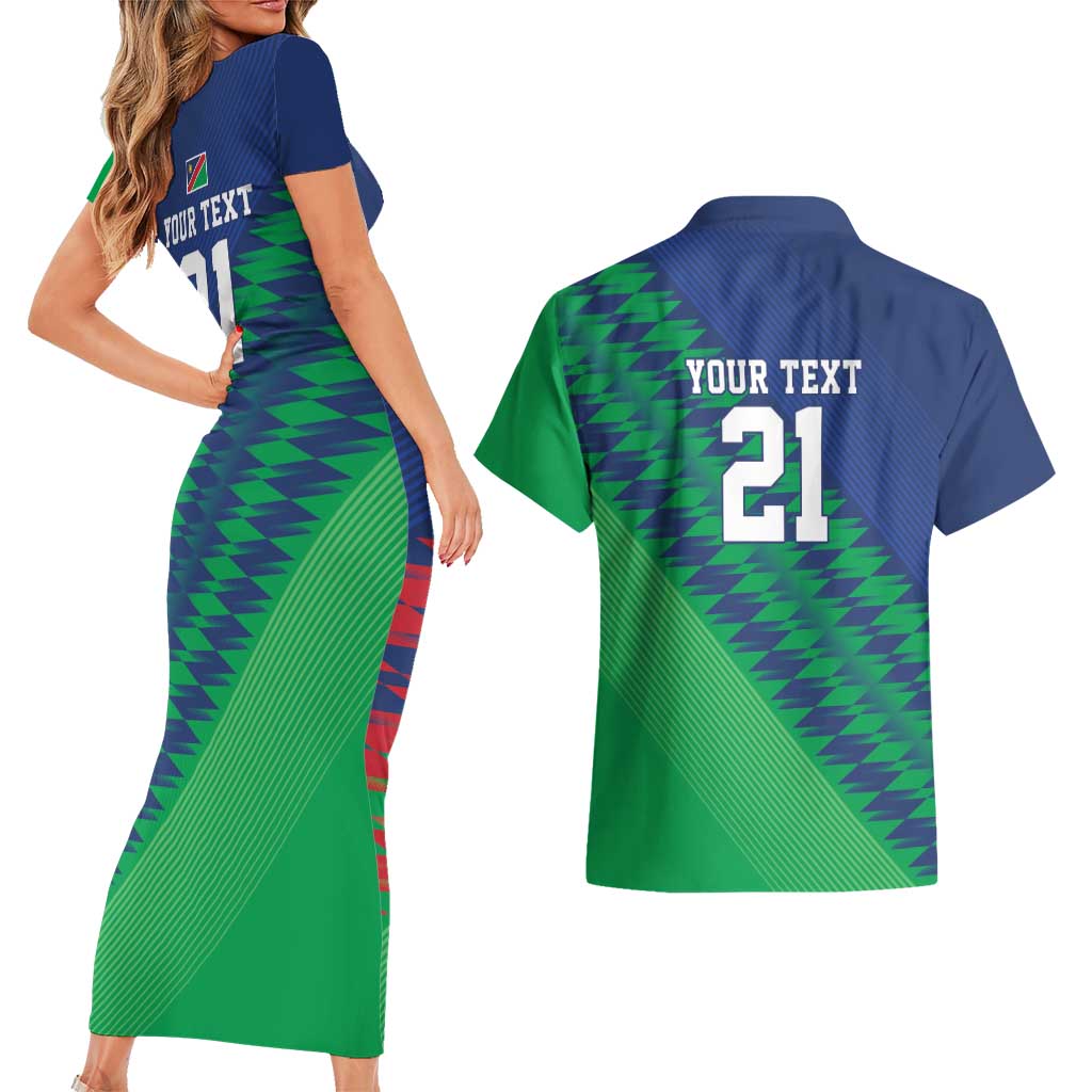 Namibia Cricket Custom Couples Matching Short Sleeve Bodycon Dress and Hawaiian Shirt Namibian Sporty Pattern Flag Motif - Wonder Print Shop