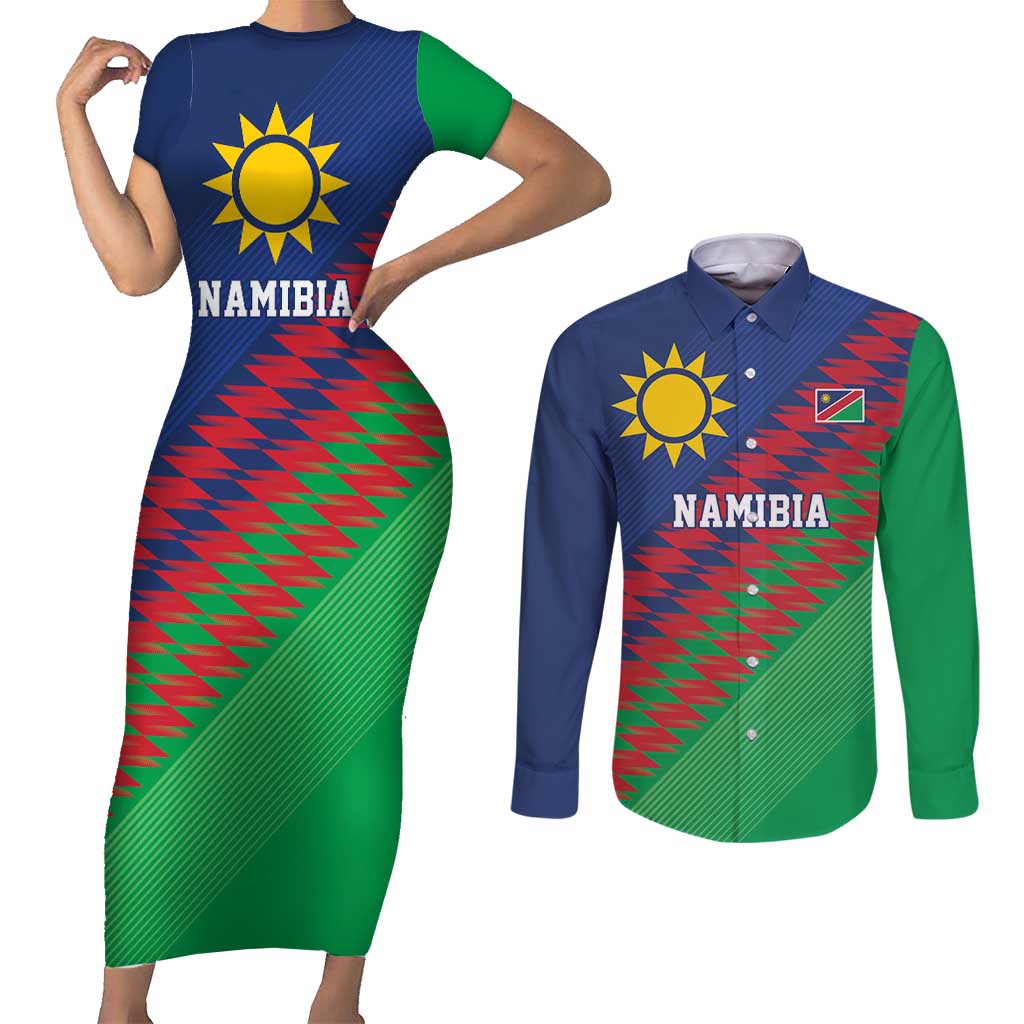 Namibia Cricket Custom Couples Matching Short Sleeve Bodycon Dress and Long Sleeve Button Shirt Namibian Sporty Pattern Flag Motif - Wonder Print Shop