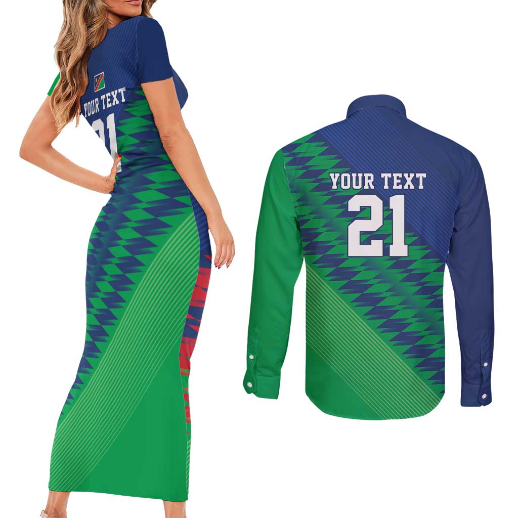 Namibia Cricket Custom Couples Matching Short Sleeve Bodycon Dress and Long Sleeve Button Shirt Namibian Sporty Pattern Flag Motif - Wonder Print Shop