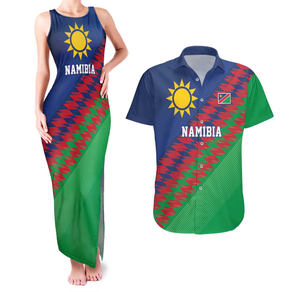 Namibia Cricket Custom Couples Matching Tank Maxi Dress and Hawaiian Shirt Namibian Sporty Pattern Flag Motif - Wonder Print Shop
