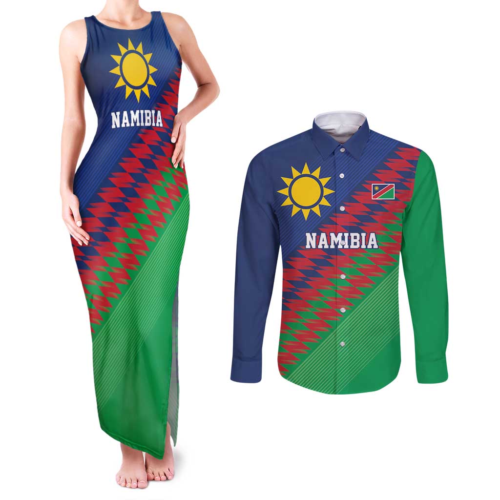 Namibia Cricket Custom Couples Matching Tank Maxi Dress and Long Sleeve Button Shirt Namibian Sporty Pattern Flag Motif - Wonder Print Shop