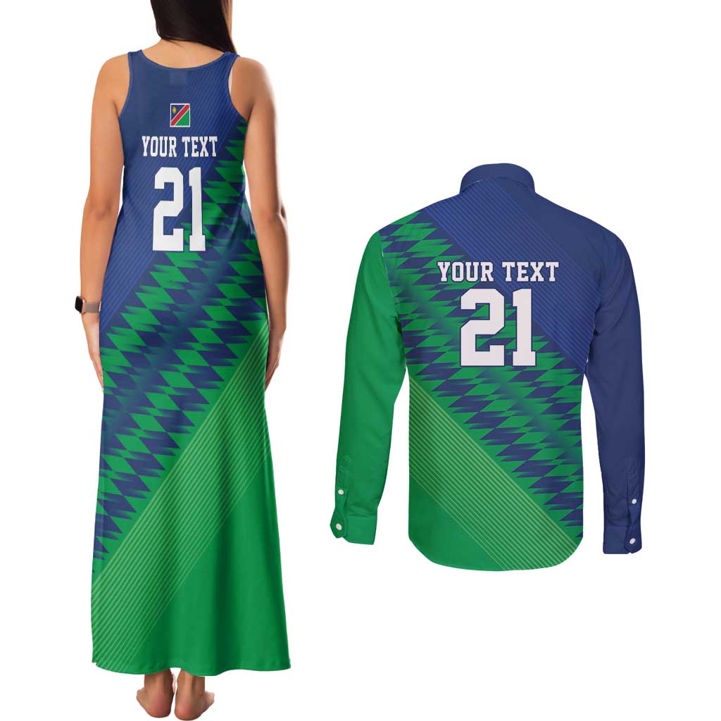 Namibia Cricket Custom Couples Matching Tank Maxi Dress and Long Sleeve Button Shirt Namibian Sporty Pattern Flag Motif - Wonder Print Shop