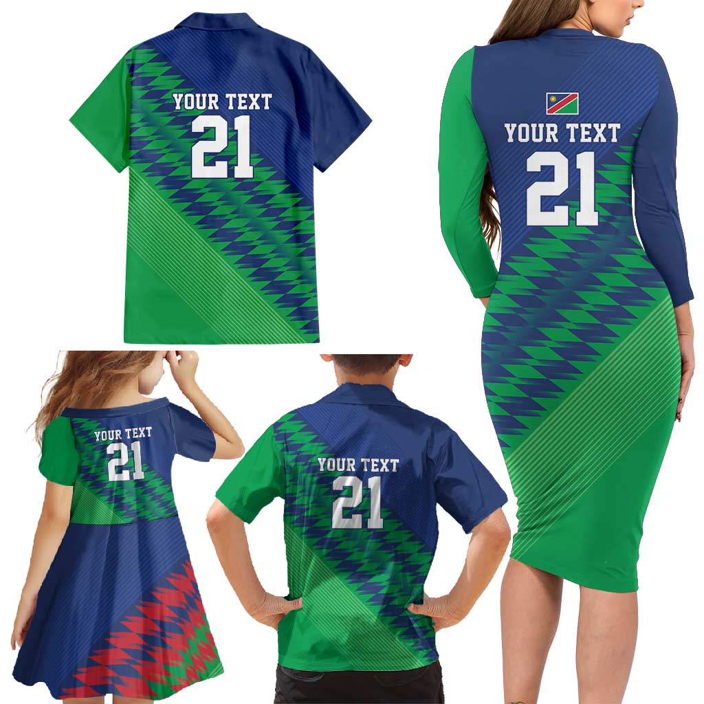 Namibia Cricket Custom Family Matching Long Sleeve Bodycon Dress and Hawaiian Shirt Namibian Sporty Pattern Flag Motif - Wonder Print Shop