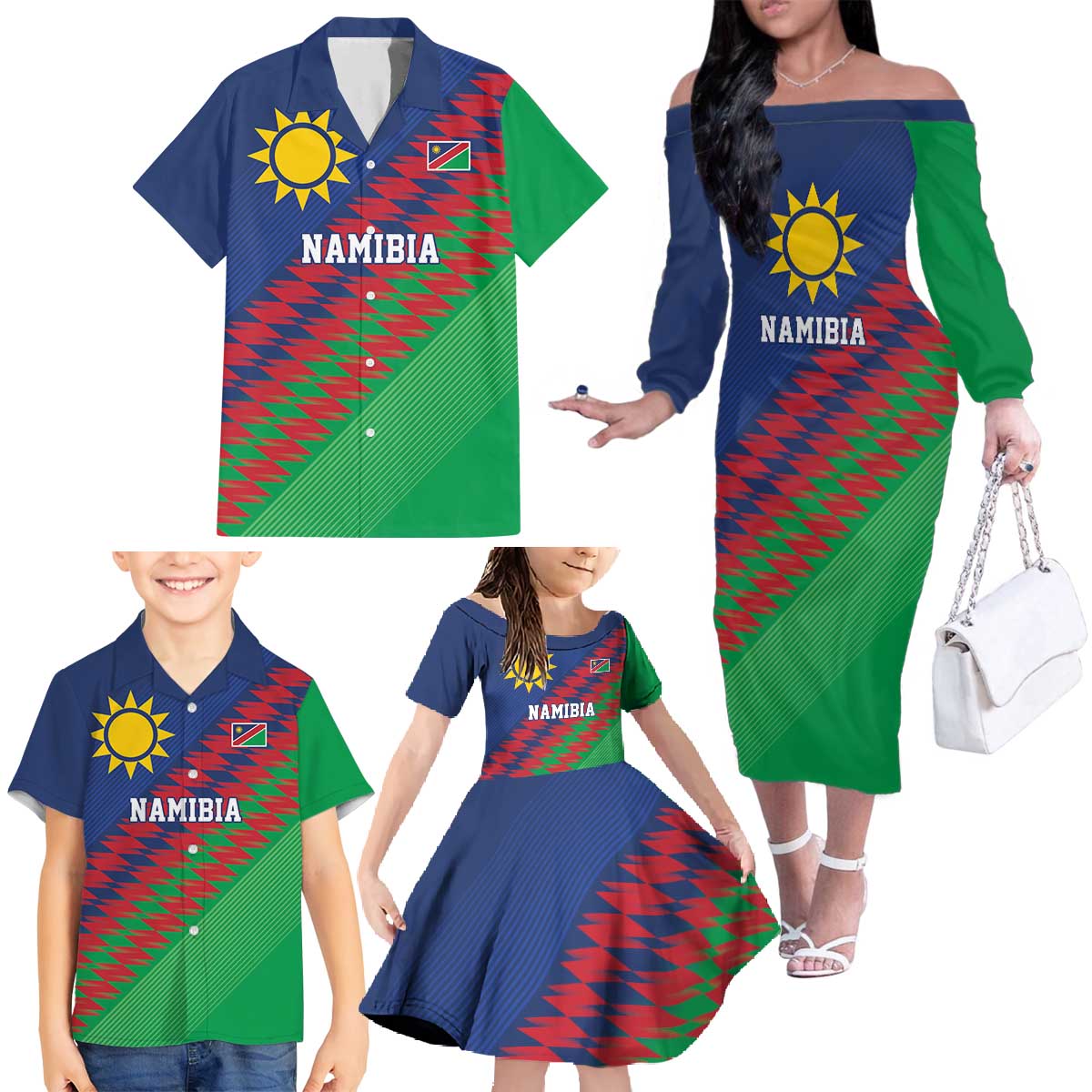 Namibia Cricket Custom Family Matching Off The Shoulder Long Sleeve Dress and Hawaiian Shirt Namibian Sporty Pattern Flag Motif - Wonder Print Shop