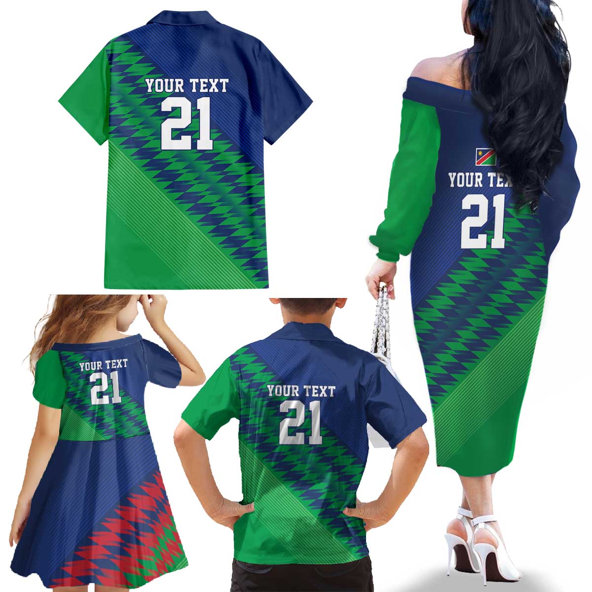 Namibia Cricket Custom Family Matching Off The Shoulder Long Sleeve Dress and Hawaiian Shirt Namibian Sporty Pattern Flag Motif - Wonder Print Shop