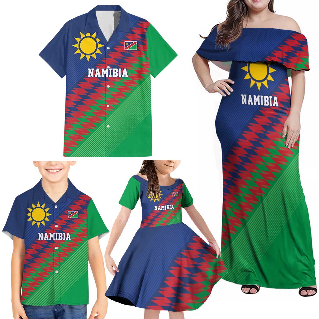 Namibia Cricket Custom Family Matching Off Shoulder Maxi Dress and Hawaiian Shirt Namibian Sporty Pattern Flag Motif - Wonder Print Shop