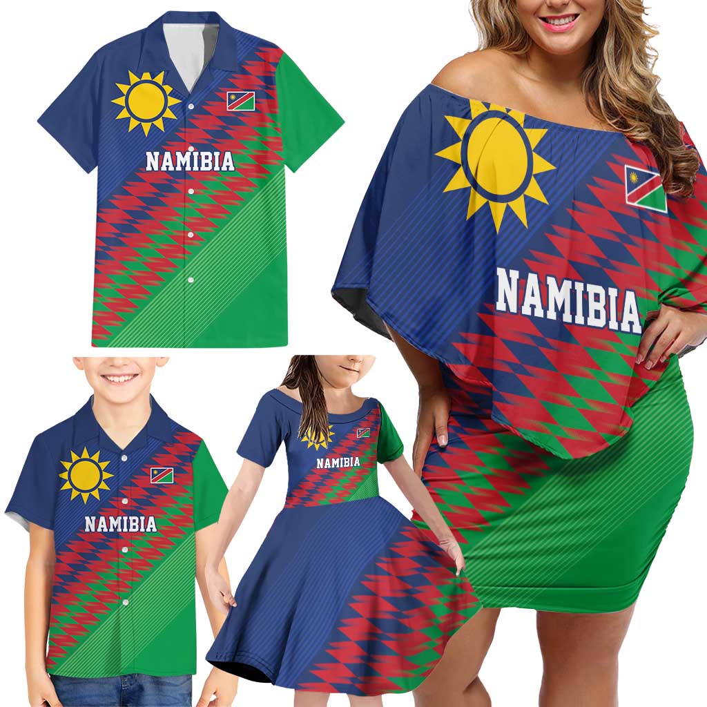 Namibia Cricket Custom Family Matching Off Shoulder Short Dress and Hawaiian Shirt Namibian Sporty Pattern Flag Motif - Wonder Print Shop