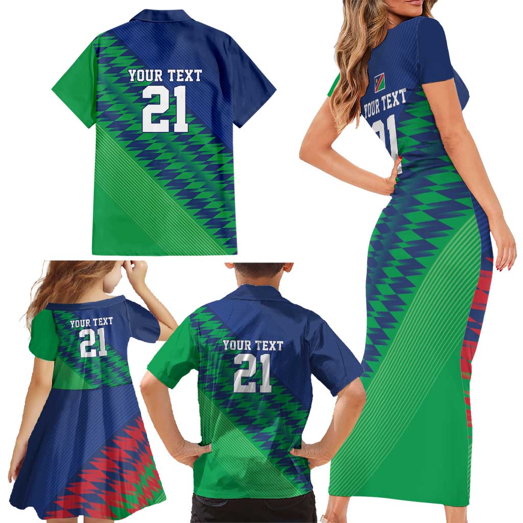 Namibia Cricket Custom Family Matching Short Sleeve Bodycon Dress and Hawaiian Shirt Namibian Sporty Pattern Flag Motif - Wonder Print Shop
