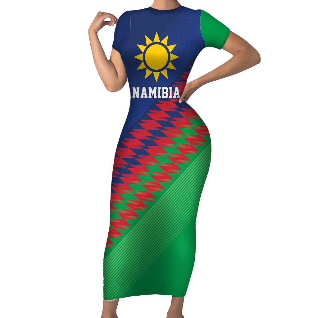 Namibia Cricket Custom Family Matching Short Sleeve Bodycon Dress and Hawaiian Shirt Namibian Sporty Pattern Flag Motif - Wonder Print Shop
