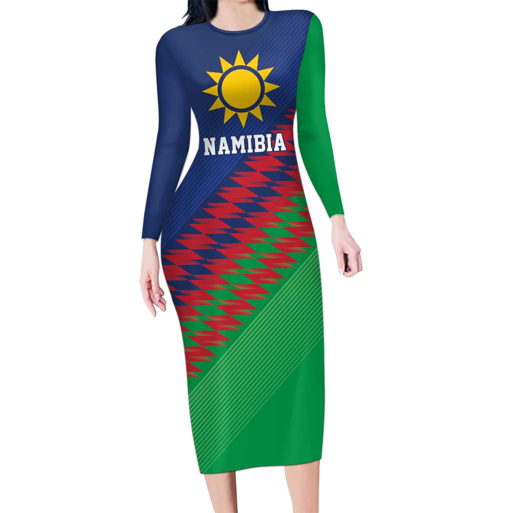 Namibia Cricket Custom Long Sleeve Bodycon Dress Namibian Sporty Pattern Flag Motif - Wonder Print Shop