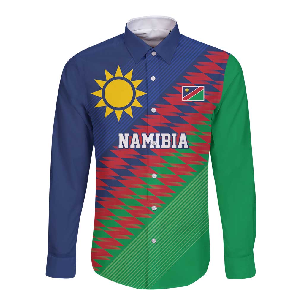 Namibia Cricket Custom Long Sleeve Button Shirt Namibian Sporty Pattern Flag Motif - Wonder Print Shop