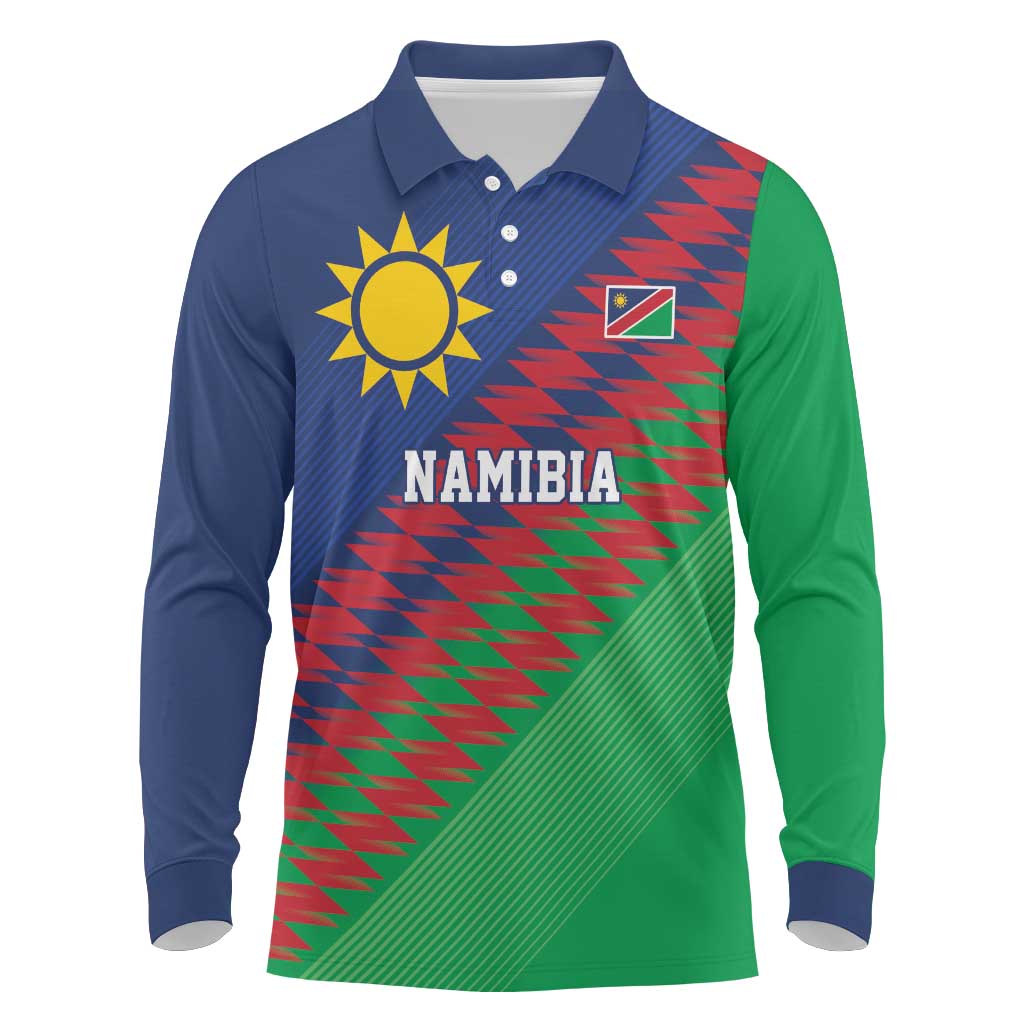 Namibia Cricket Custom Long Sleeve Polo Shirt Namibian Sporty Pattern Flag Motif - Wonder Print Shop
