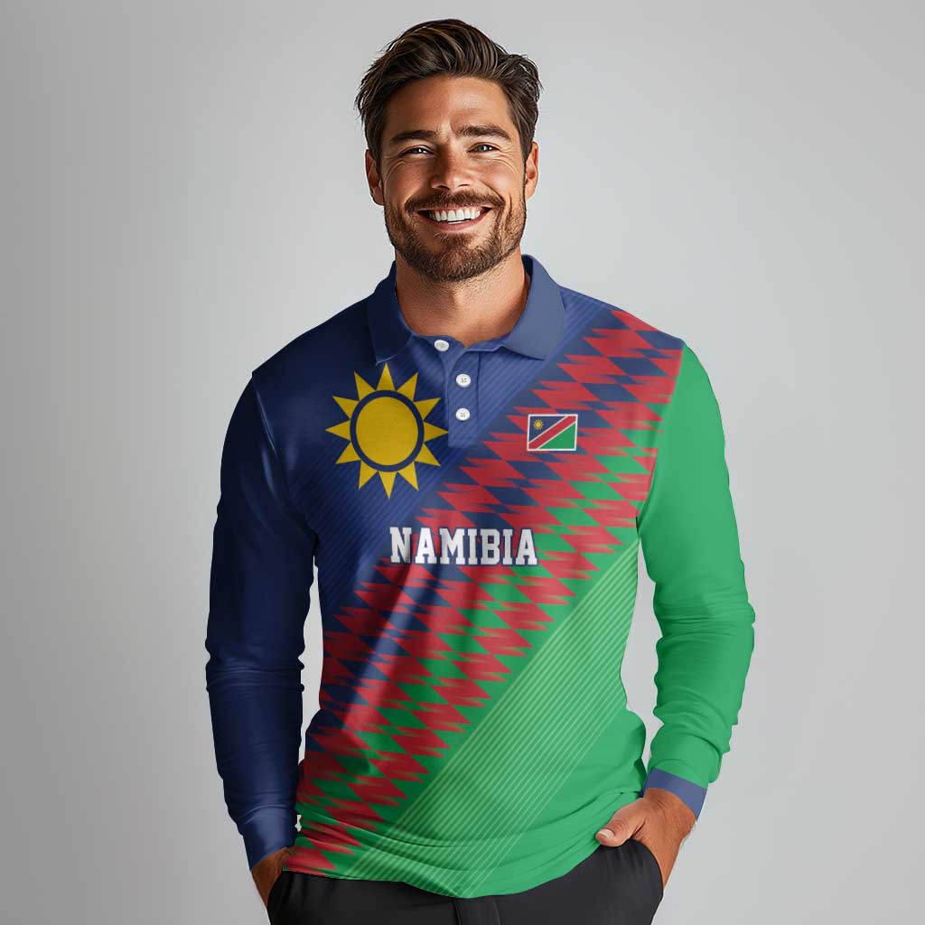Namibia Cricket Custom Long Sleeve Polo Shirt Namibian Sporty Pattern Flag Motif - Wonder Print Shop