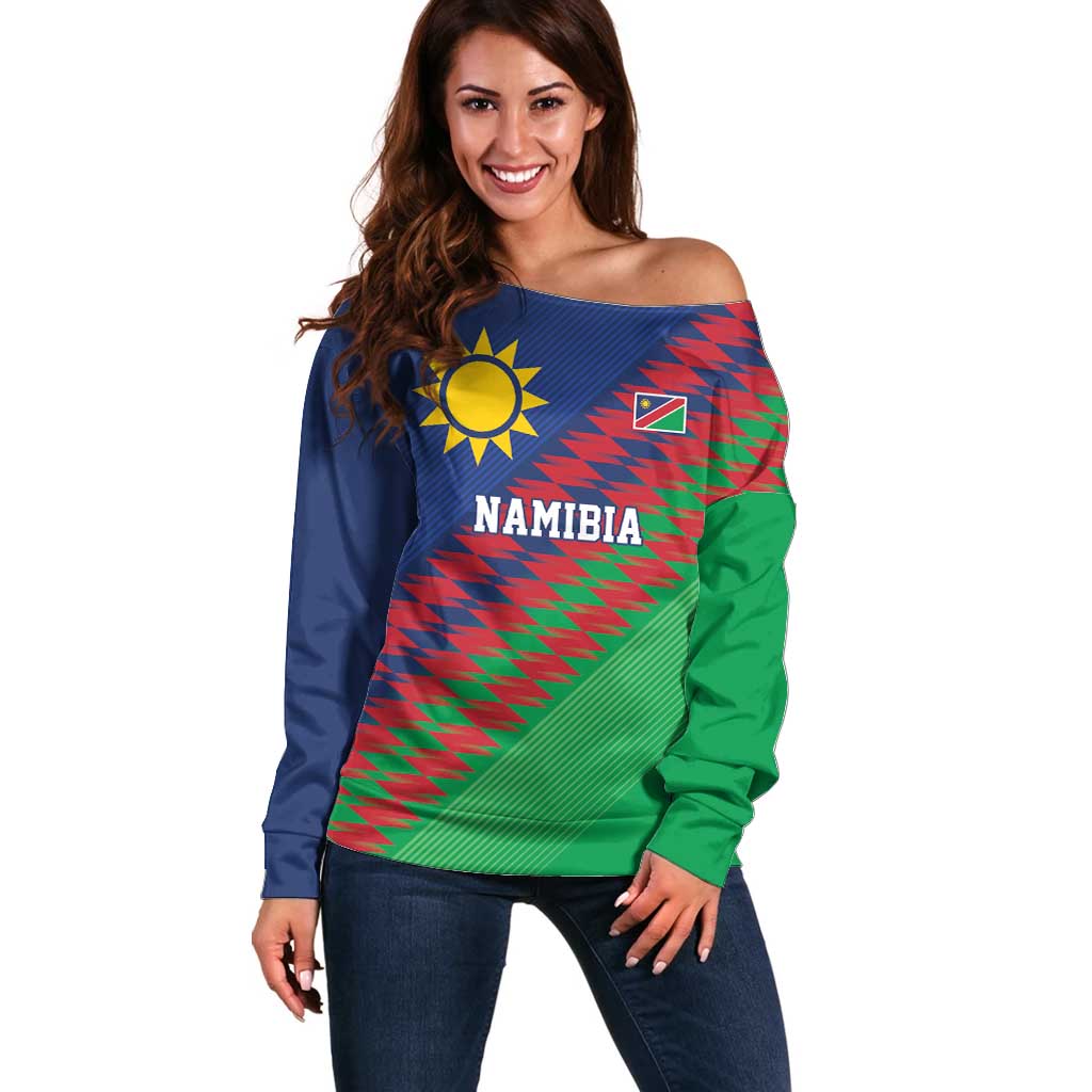 Namibia Cricket Custom Off Shoulder Sweater Namibian Sporty Pattern Flag Motif - Wonder Print Shop