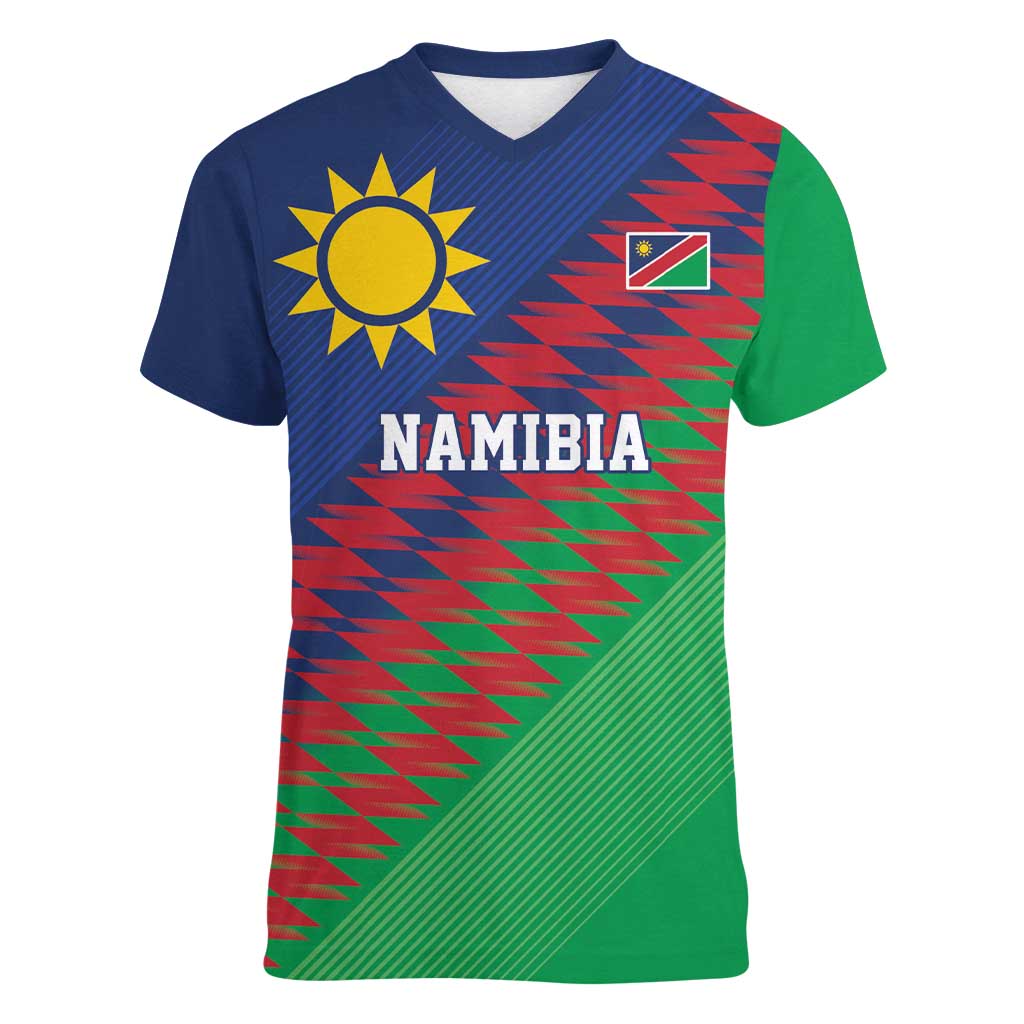 Namibia Cricket Custom Women V-Neck T-Shirt Namibian Sporty Pattern Flag Motif - Wonder Print Shop