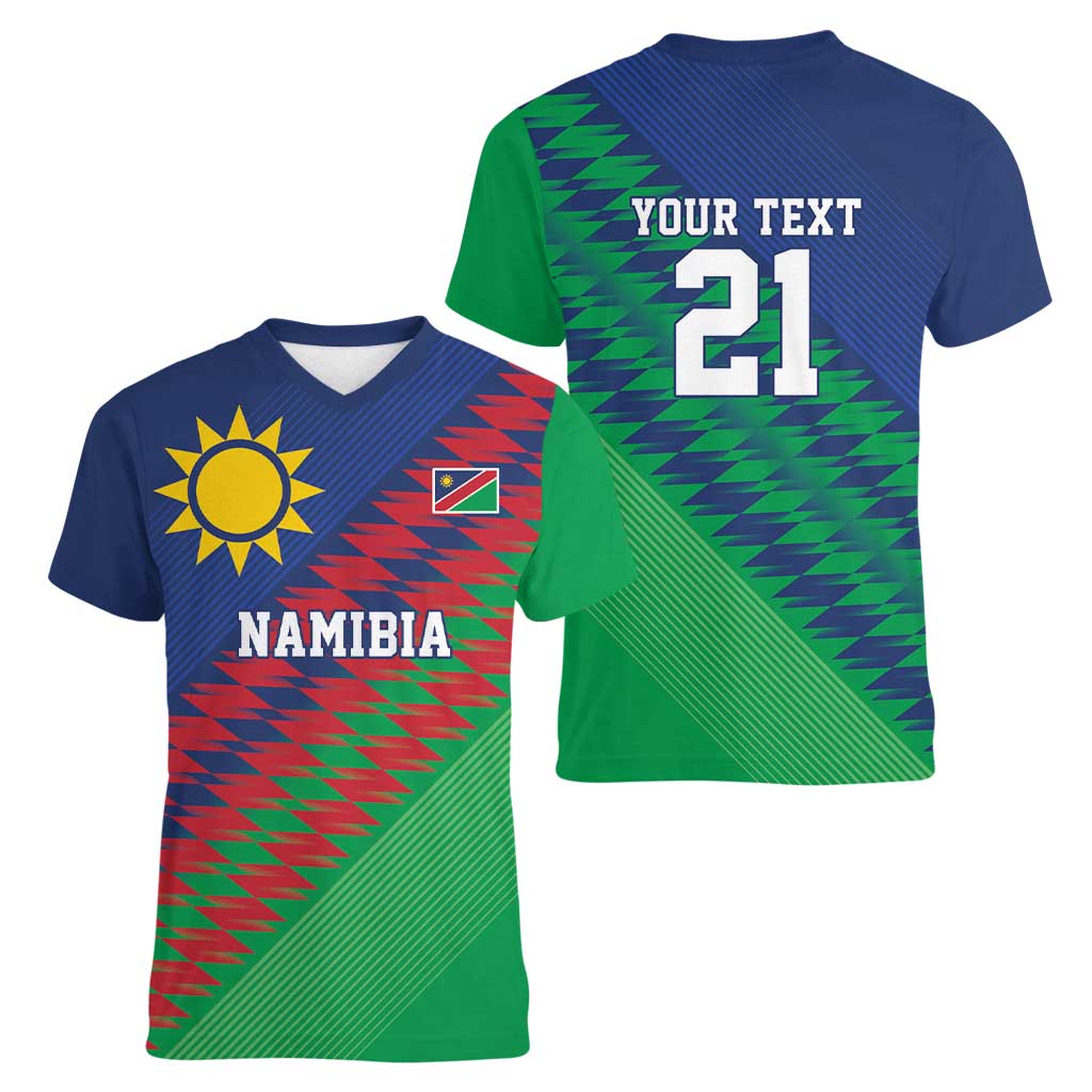 Namibia Cricket Custom Women V-Neck T-Shirt Namibian Sporty Pattern Flag Motif - Wonder Print Shop
