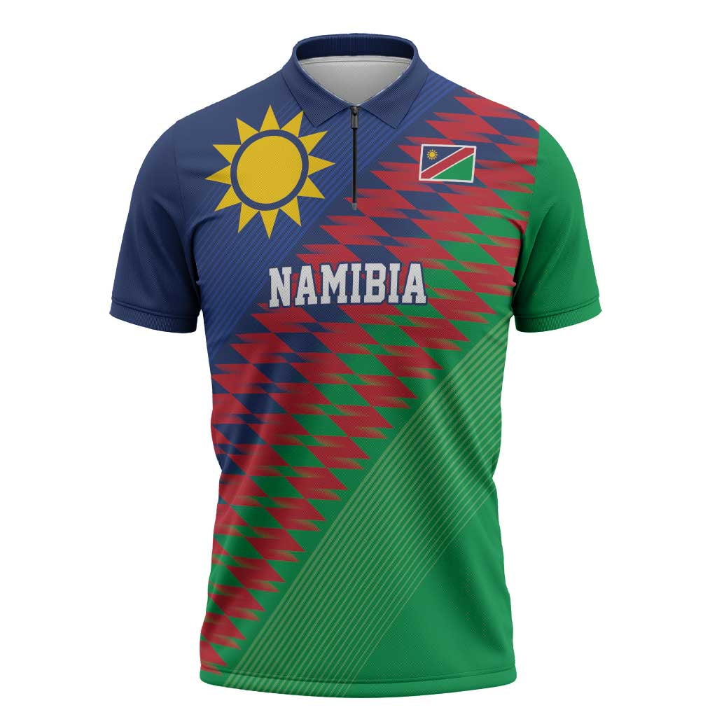Namibia Cricket Custom Zipper Polo Shirt Namibian Sporty Pattern Flag Motif - Wonder Print Shop