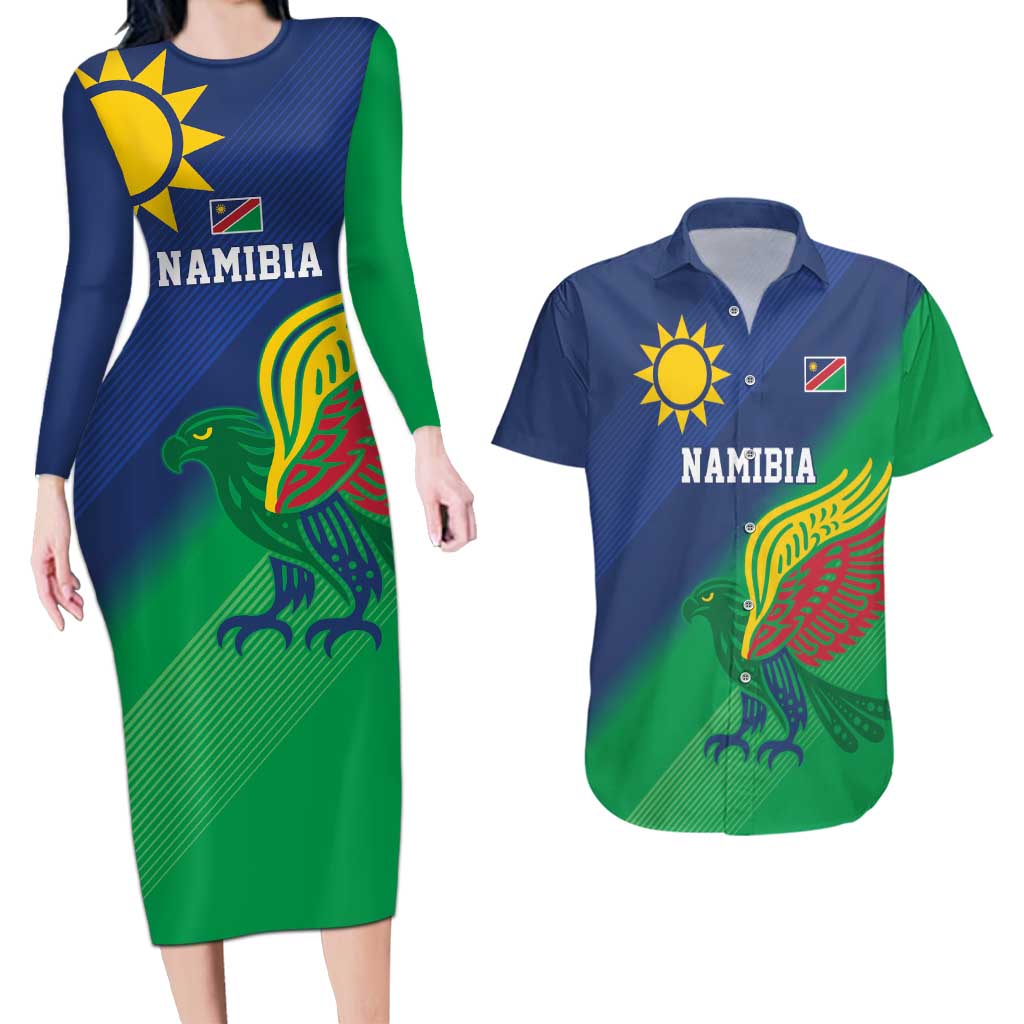 Namibia Rugby Custom Couples Matching Long Sleeve Bodycon Dress and Hawaiian Shirt Welwitschias African Fish Eagle - Wonder Print Shop