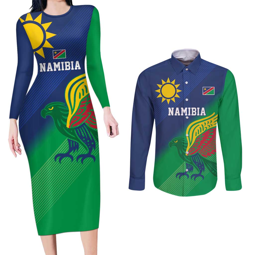 Namibia Rugby Custom Couples Matching Long Sleeve Bodycon Dress and Long Sleeve Button Shirt Welwitschias African Fish Eagle - Wonder Print Shop