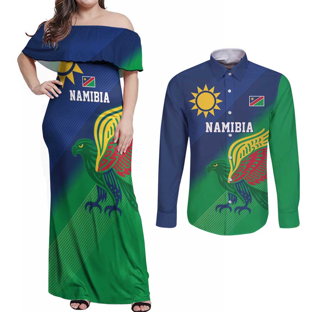 Namibia Rugby Custom Couples Matching Off Shoulder Maxi Dress and Long Sleeve Button Shirt Welwitschias African Fish Eagle - Wonder Print Shop