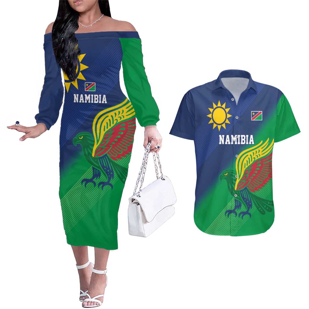 Namibia Rugby Custom Couples Matching Off The Shoulder Long Sleeve Dress and Hawaiian Shirt Welwitschias African Fish Eagle - Wonder Print Shop