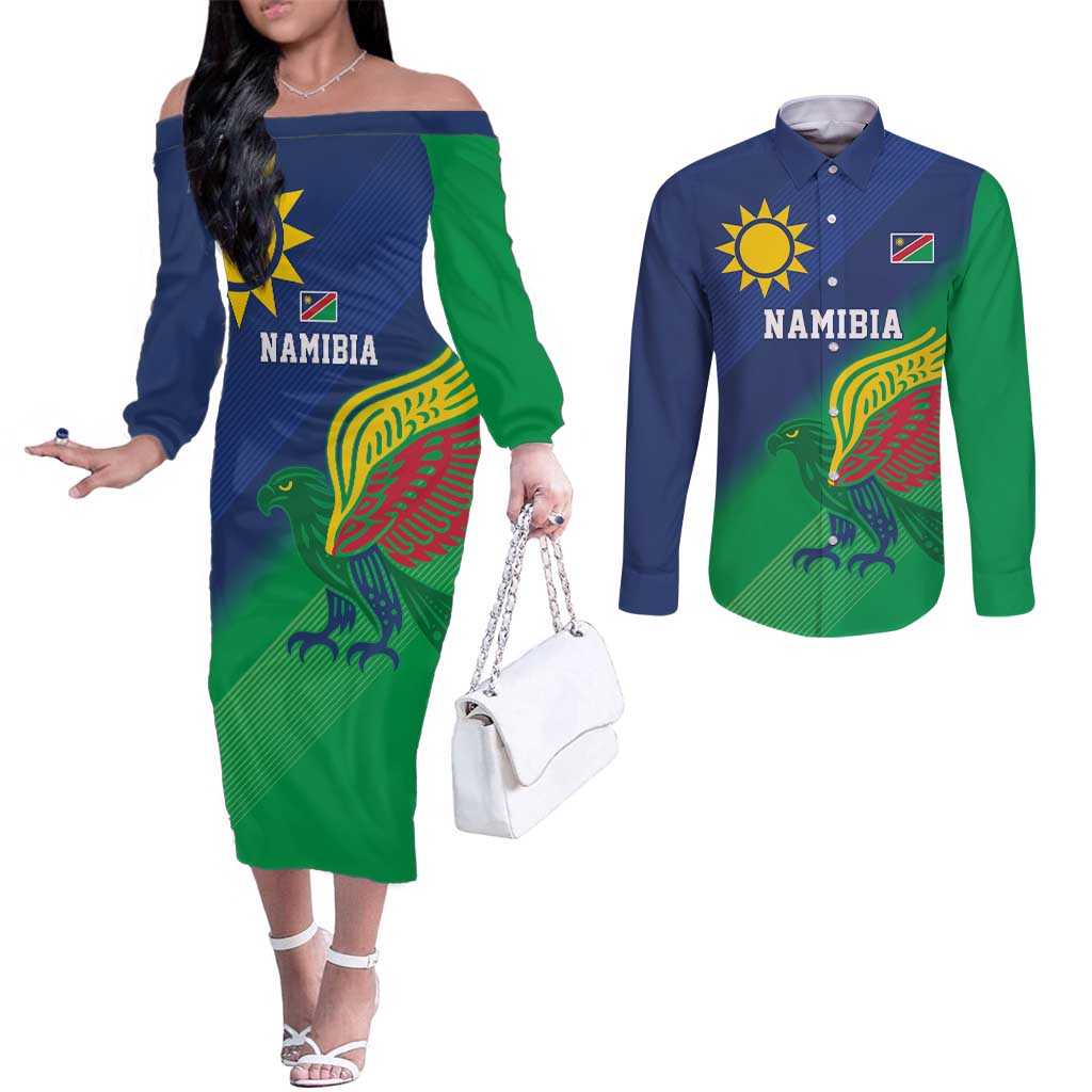 Namibia Rugby Custom Couples Matching Off The Shoulder Long Sleeve Dress and Long Sleeve Button Shirt Welwitschias African Fish Eagle - Wonder Print Shop