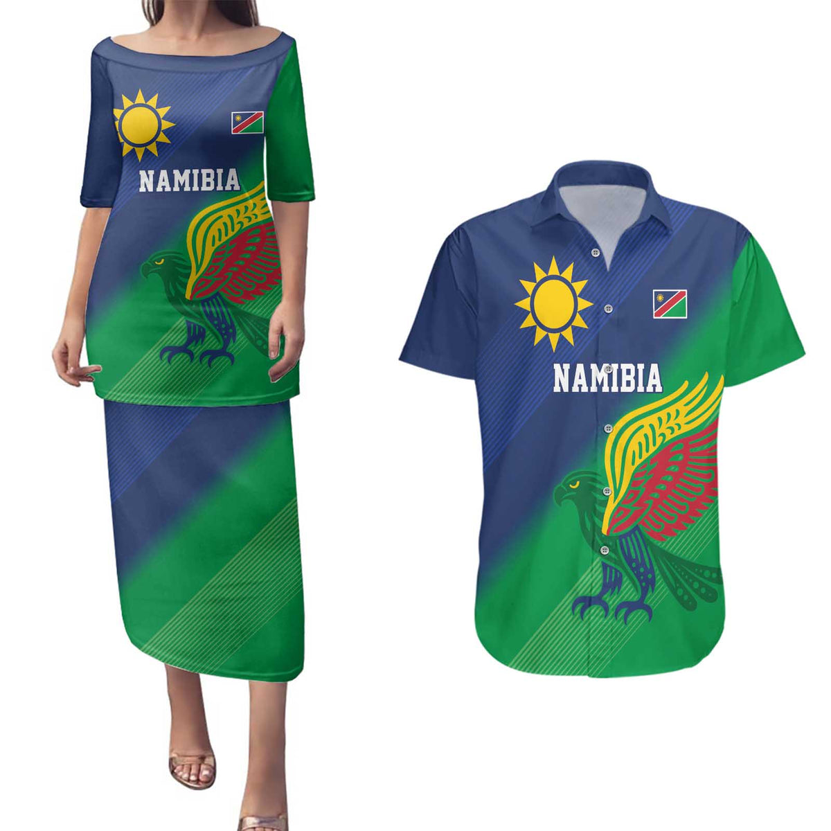Namibia Rugby Custom Couples Matching Puletasi and Hawaiian Shirt Welwitschias African Fish Eagle - Wonder Print Shop
