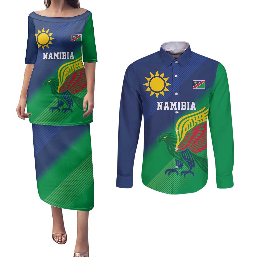 Namibia Rugby Custom Couples Matching Puletasi and Long Sleeve Button Shirt Welwitschias African Fish Eagle - Wonder Print Shop