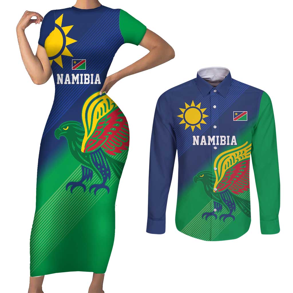 Namibia Rugby Custom Couples Matching Short Sleeve Bodycon Dress and Long Sleeve Button Shirt Welwitschias African Fish Eagle - Wonder Print Shop