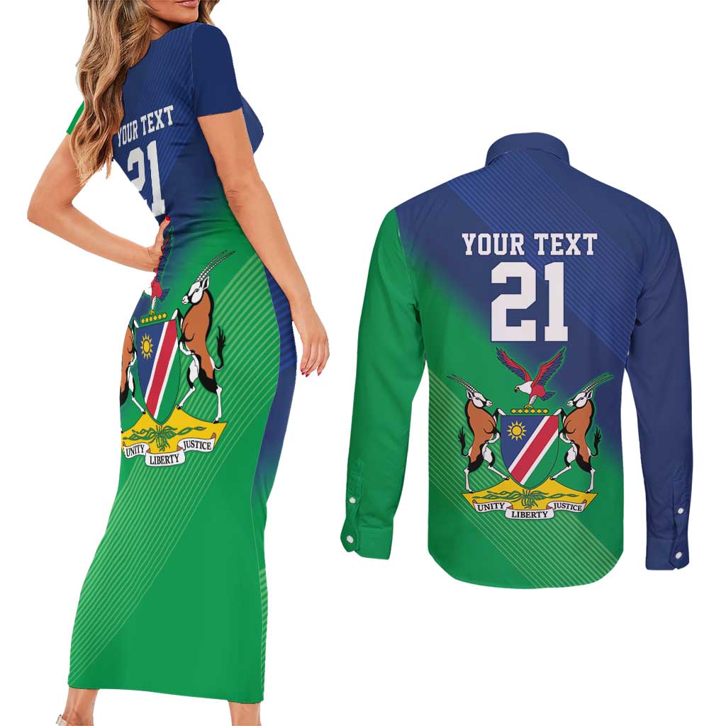 Namibia Rugby Custom Couples Matching Short Sleeve Bodycon Dress and Long Sleeve Button Shirt Welwitschias African Fish Eagle - Wonder Print Shop
